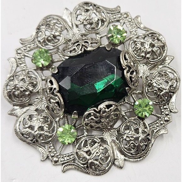 Vtg Unsigned Germany? Green Glass Peidot Rhinestone Heart Filigree Brooch - Picture 1 of 2